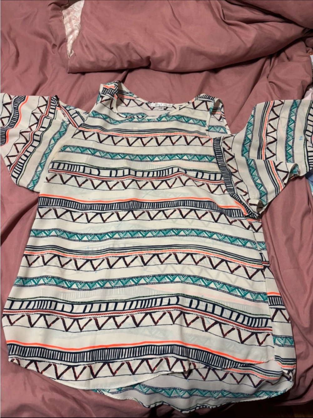 Moa Moa Cream Cold-Shoulder Aztec Stripe Top with Teal & Navy Accents